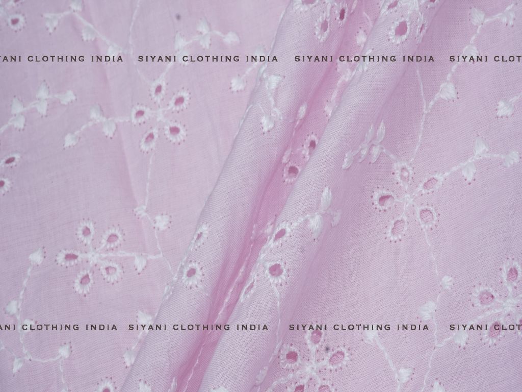 Light Pink Cotton Floral Leaf Design Chikankari Embroidered Fabric