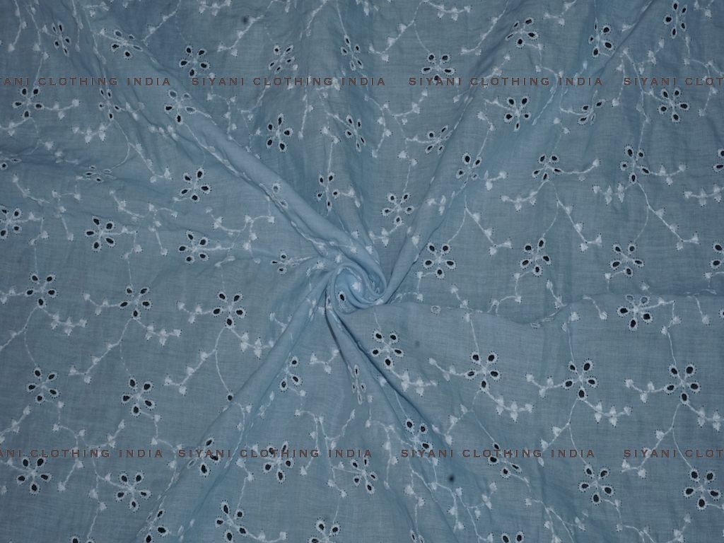 Siyani Sky Blue Cotton Floral Leaf Design Chikankari Embroidered Fabric
