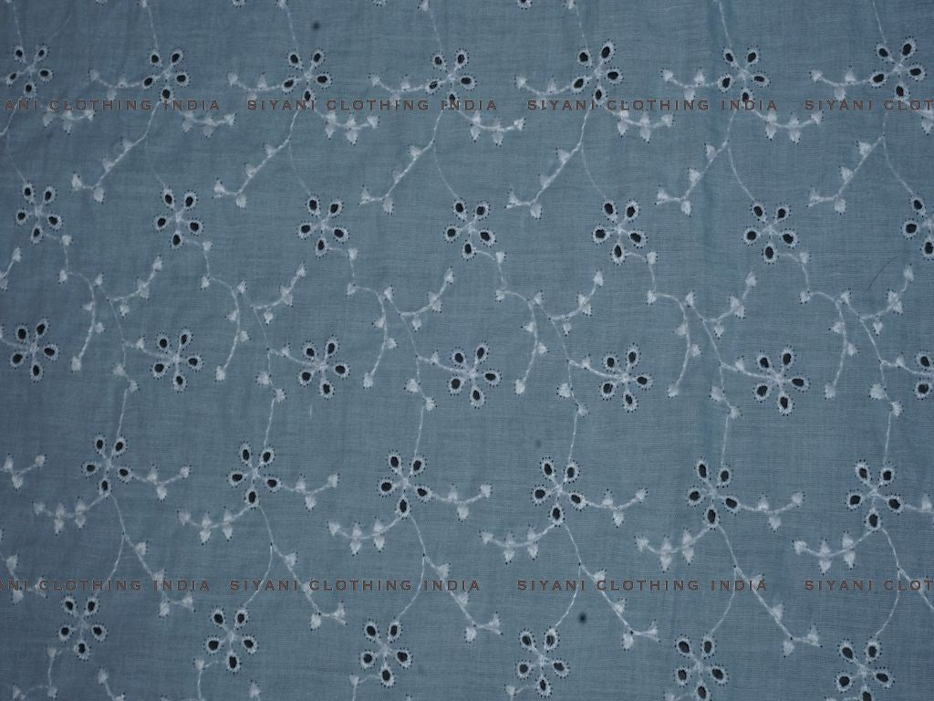 Sky Blue Cotton Floral Leaf Design Chikankari Embroidered Fabric
