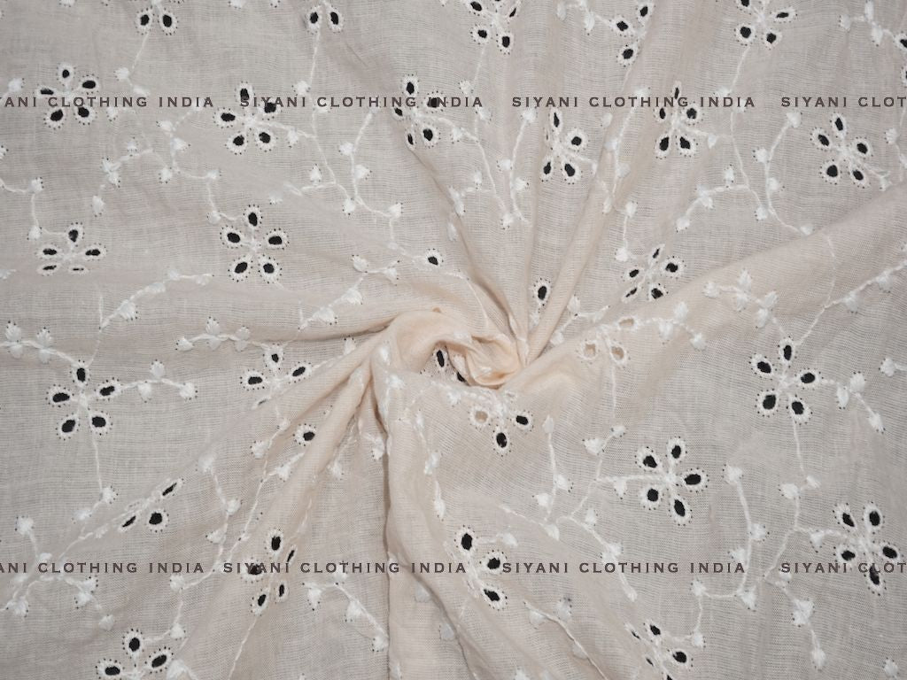 Siyani Peach Cotton Floral Cutwork Chikankari Embroidered Fabric