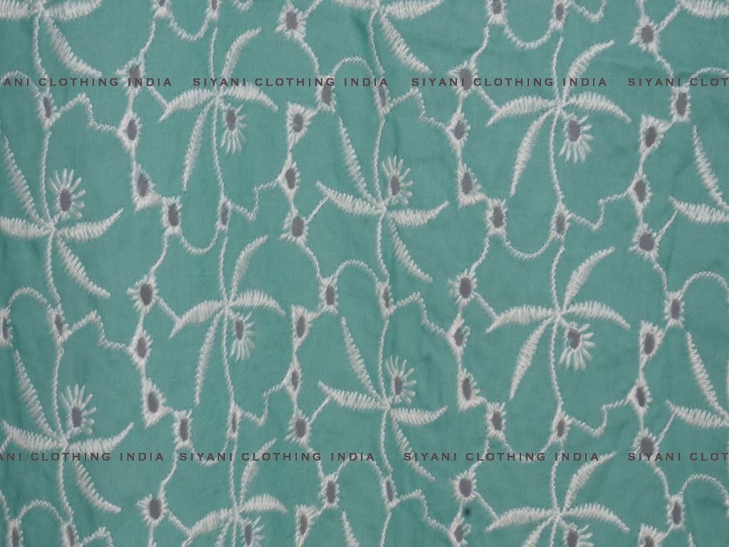 Teal Green Floral Cutwork Chikan Embroidered Fabric