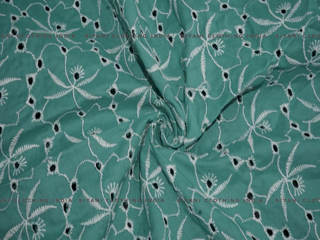Siyani Teal Green Floral Cutwork Chikan Embroidered Fabric