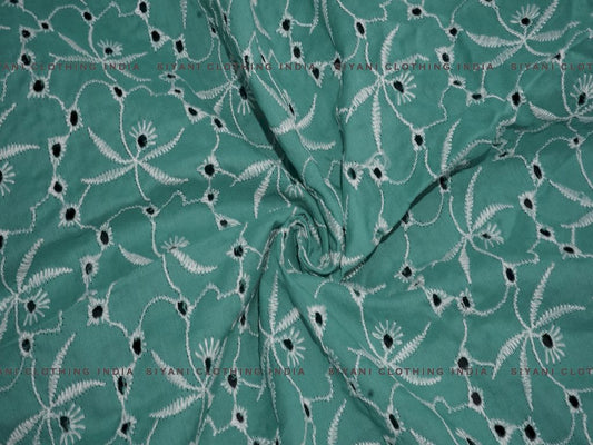 Siyani Teal Green Floral Cutwork Chikan Embroidered Fabric