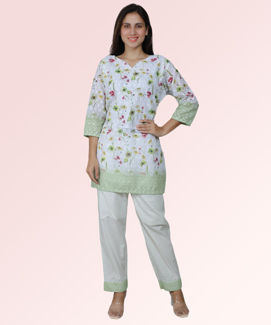 Siyani Green Floral Print Chikan Embroidered Kurta Set