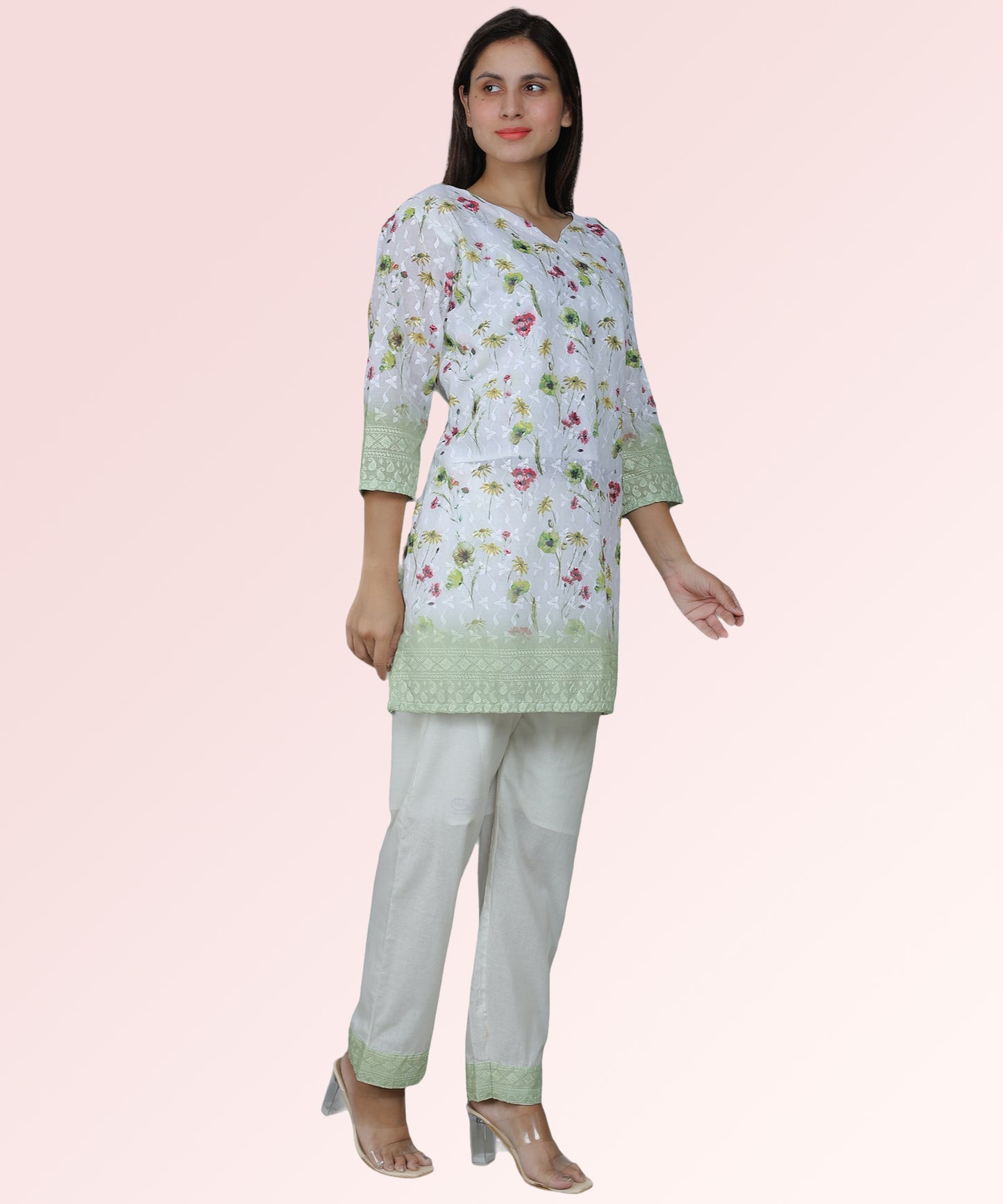 Green Floral Print Chikan Embroidered Kurta Set