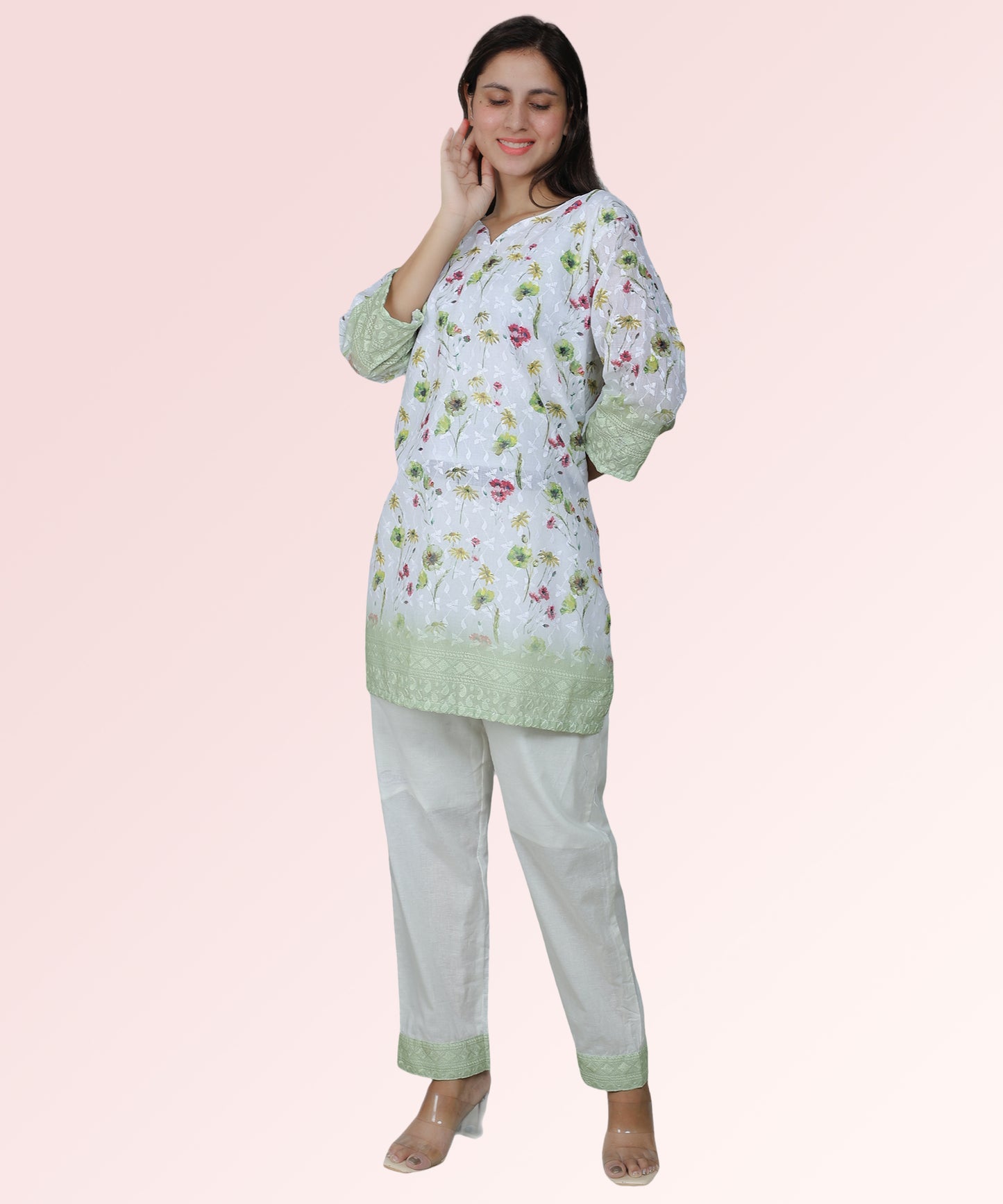 Green Floral Print Chikan Embroidered Kurta Set