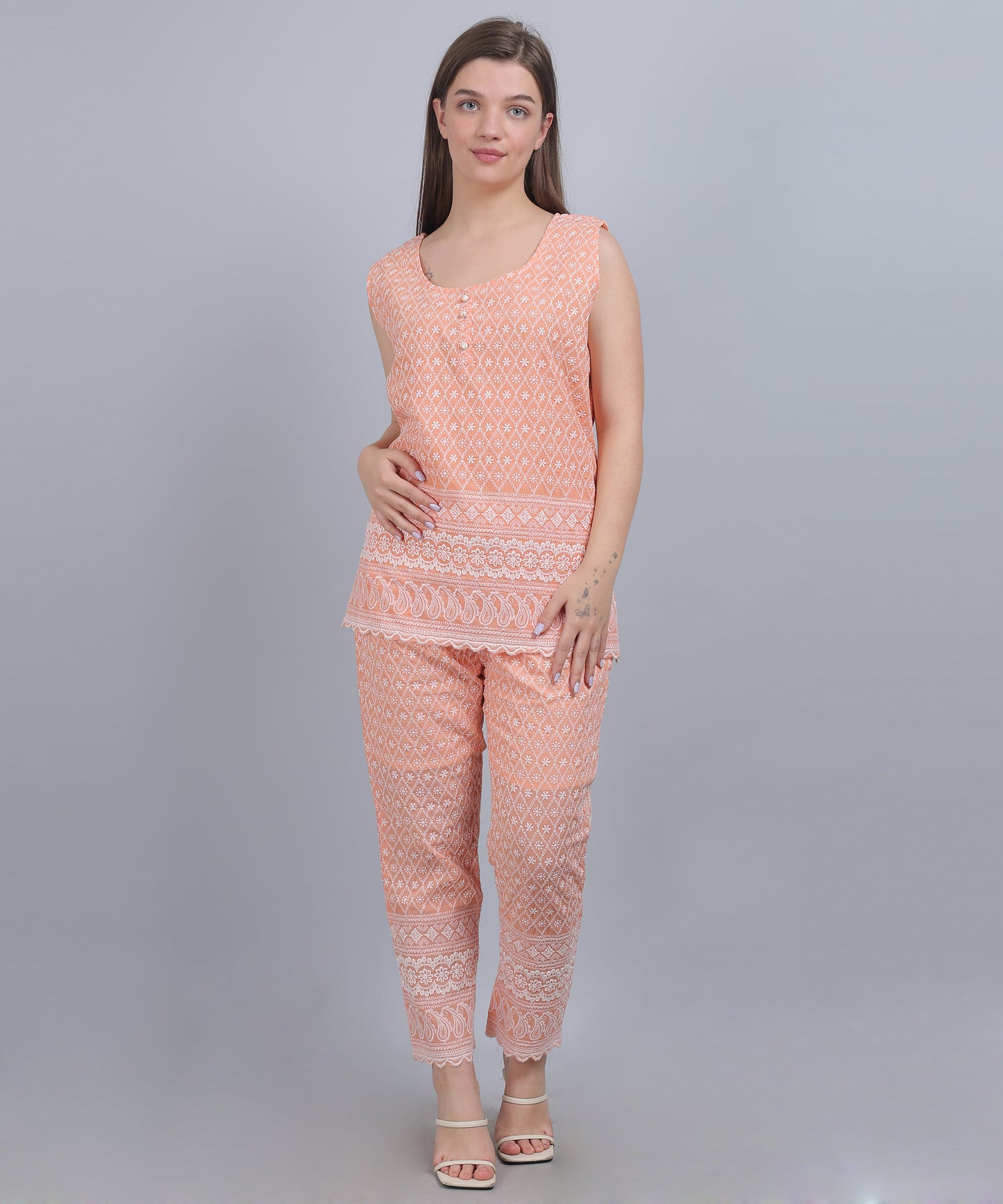 Orange Schiffli Embroidered Co Ord set