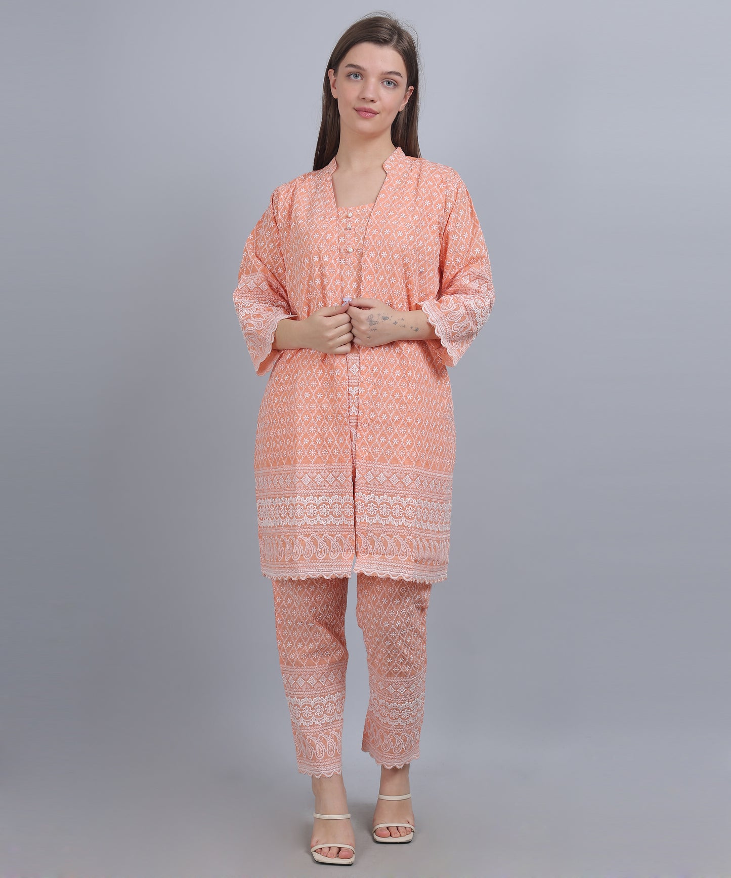Siyani Orange Schiffli Embroidered Co Ord set
