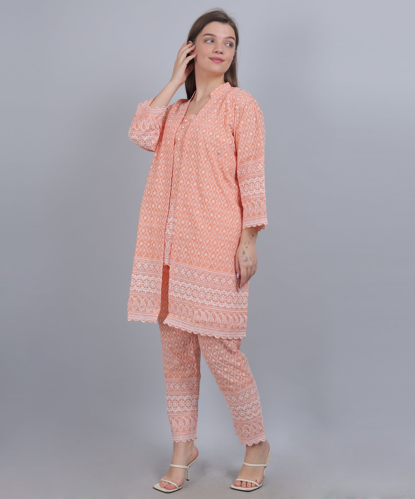 Orange Schiffli Embroidered Co Ord set
