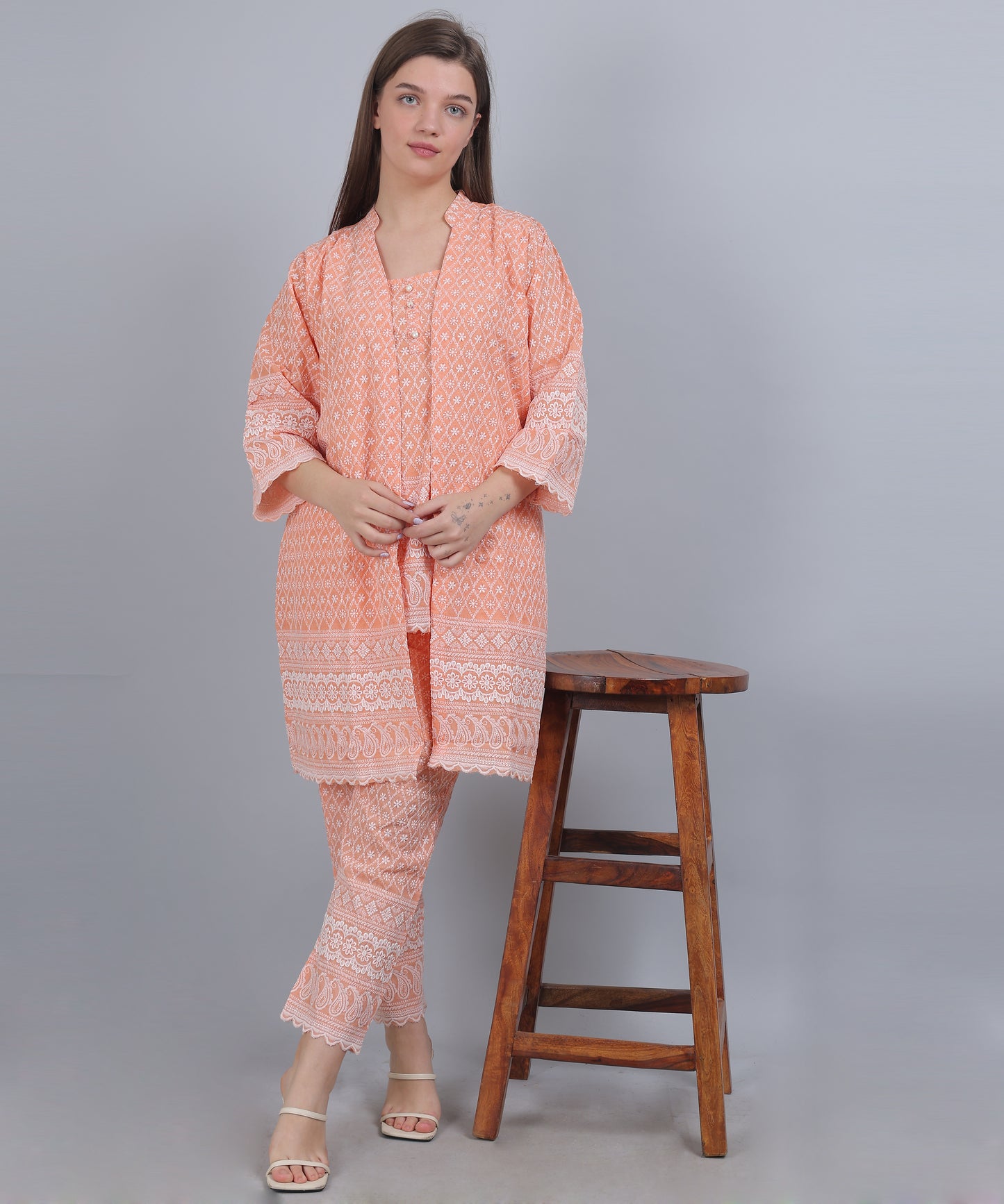 Orange Schiffli Embroidered Co Ord set