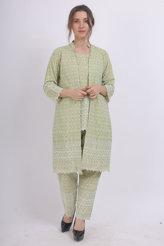 Siyani Olive Green Schiffli Embroidered Co Ord set