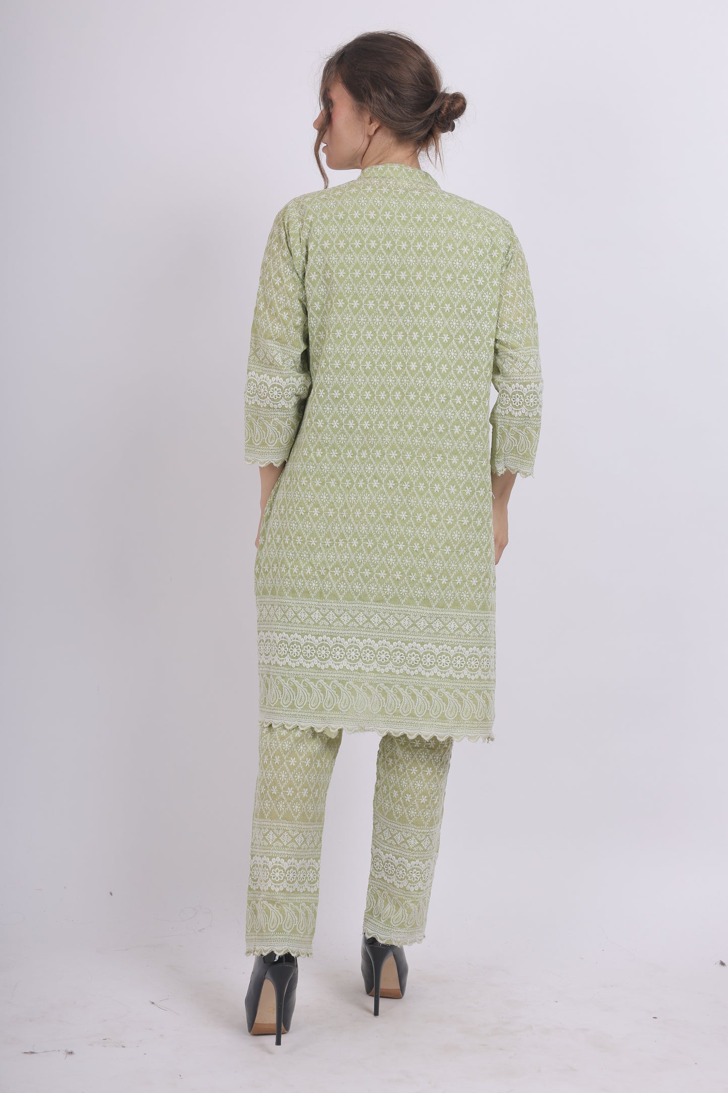 Olive Green Schiffli Embroidered Co Ord set