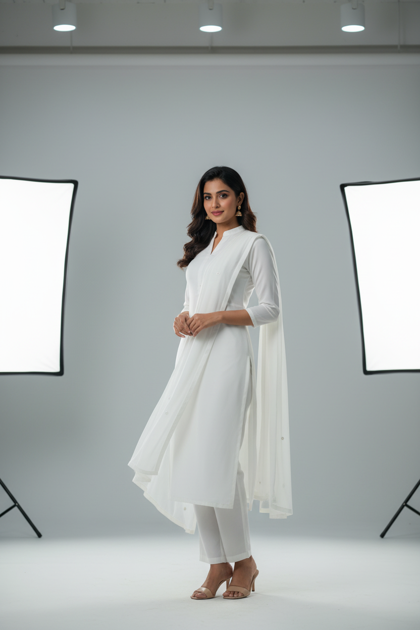 Indian woman wearing elegant white kurti made from Siyani Cotton Poplin Lycra Fabric