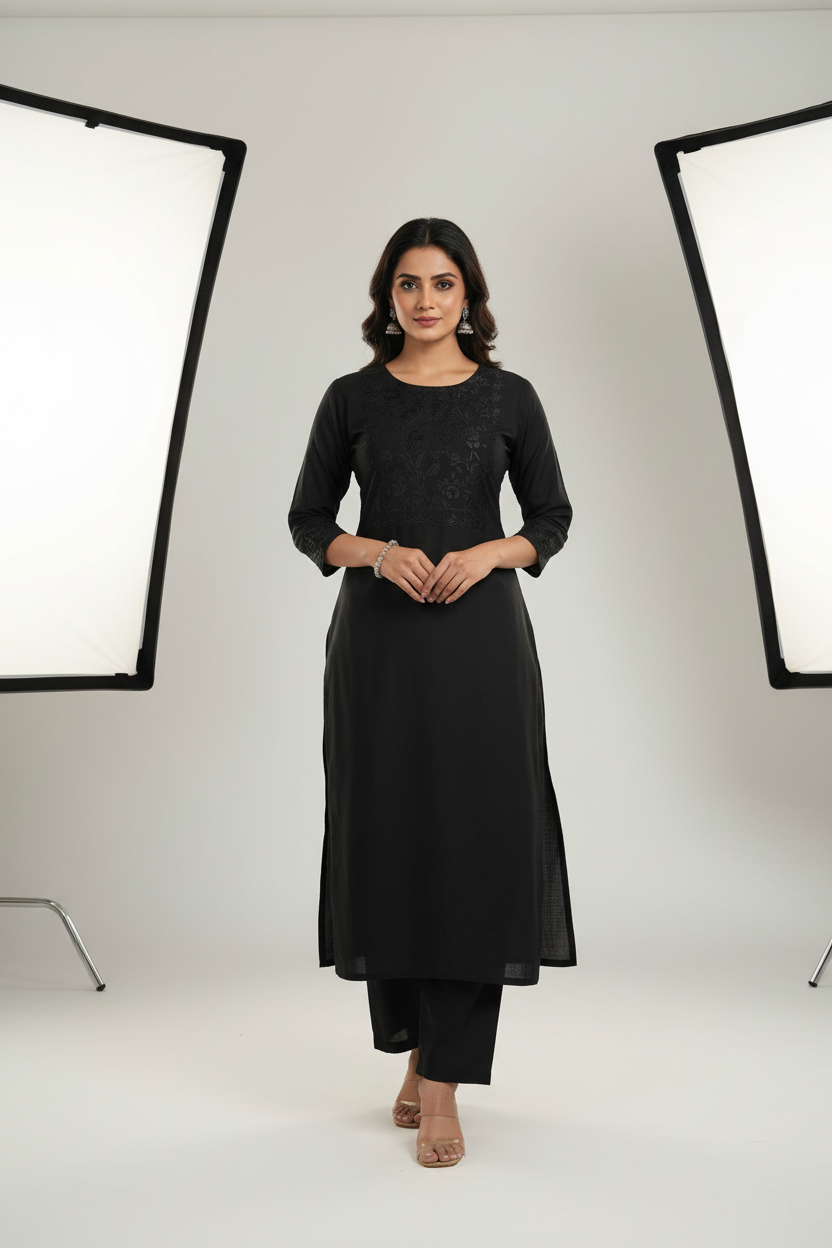 Indian woman wearing elegant black kurti made from Siyani Cotton Cambric Fabric