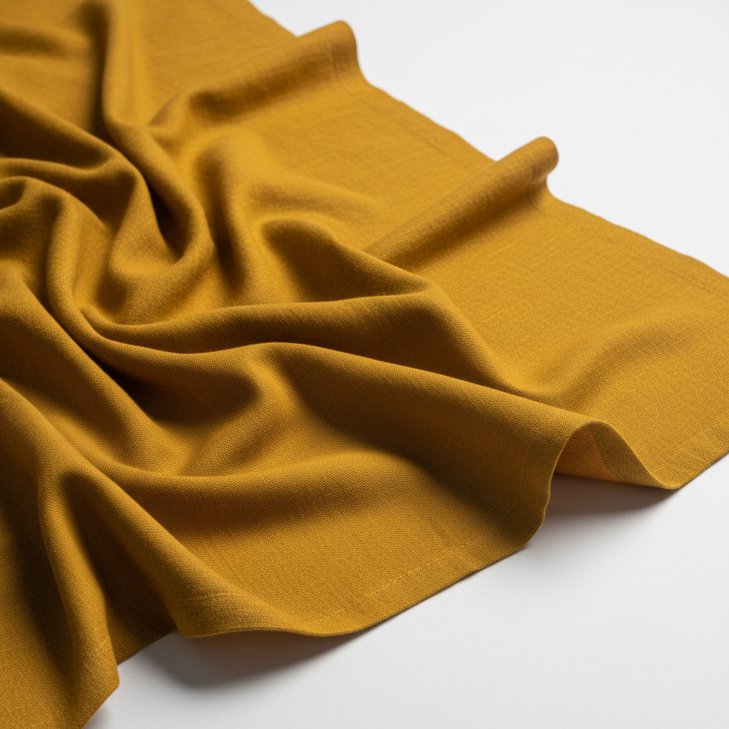 Mustard yellow Jam Cotton fabric draped close-up showing texture and fall