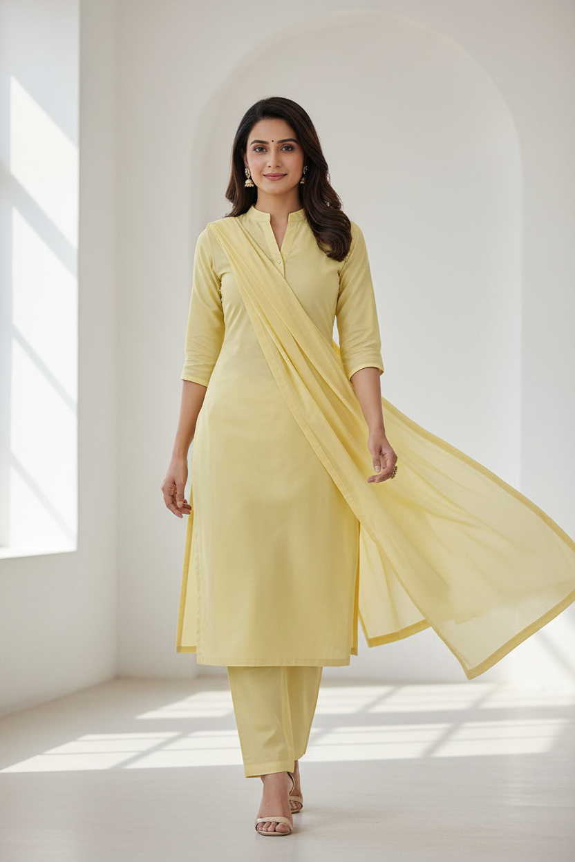 Indian woman wearing elegant lemon yellow kurti made from Siyani Cotton Poplin Fabric
