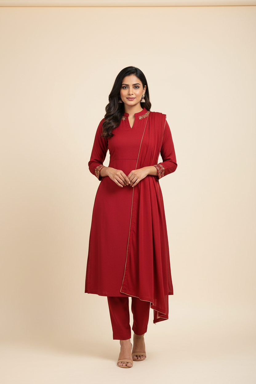 Indian woman wearing elegant candy red kurti made from Siyani Cotton Poplin Lycra Fabric