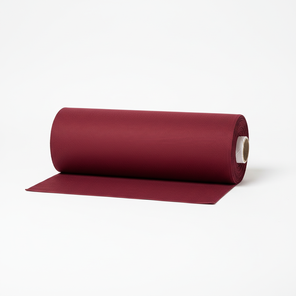 Burgundy jam cotton fabric rolled as professional thaan bolt with unrolled section displaying ribbed texture