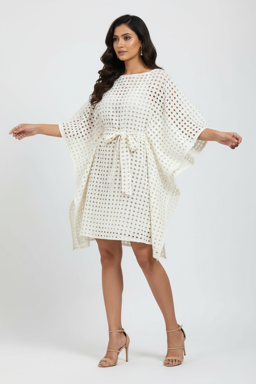 Off-White Box Hole Schiffli Kaftan Dress - Three Quarter Angle