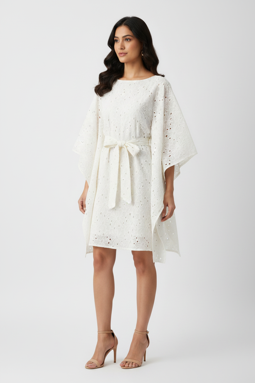 Kora Flower Pattern Schiffli Kaftan Dress - Three Quarter Angle