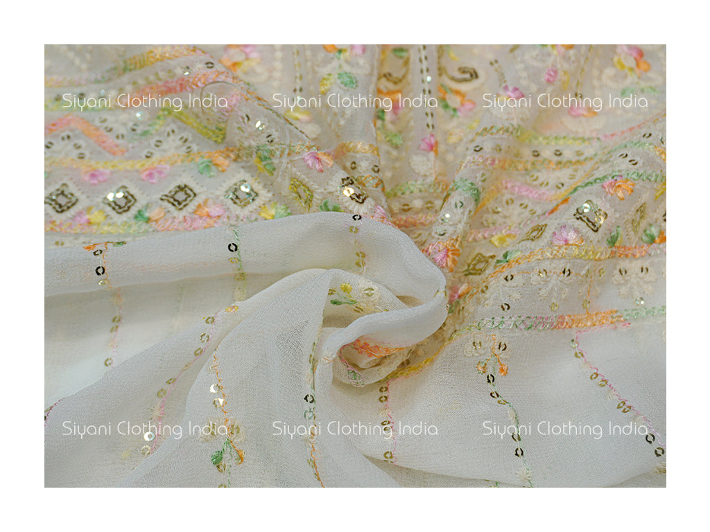 White Sequins And Multicolor Thread Embroidered Georgette Fabric