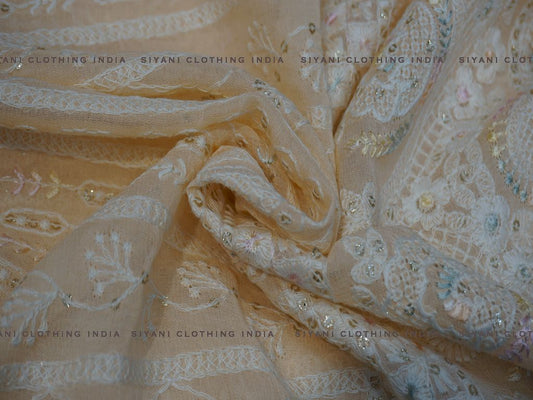 Siyani Orange Sequins And Thread Embroidered Chiffon Fabric