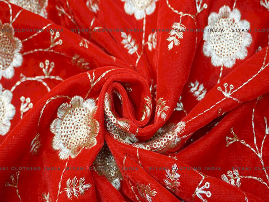 Siyani Bright Red Floral Embroidered Velvet Fabric