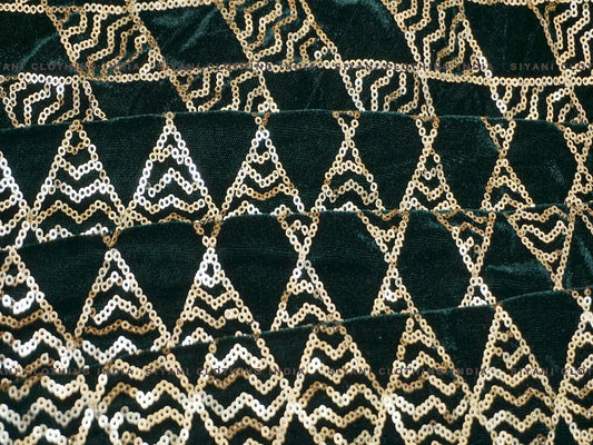 Emerald Green Sequins Geomatric Pattern Embroidered Velvet Fabric - Siyani Clothing India