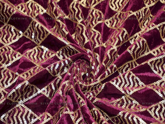 Siyani Magenta Sequins Geomatric Pattern Embroidered Velvet Fabric
