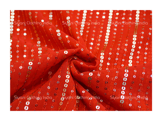 Siyani Coral Red Sequins Embroidered Georgette Fabric