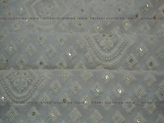 White Geomatric Pattern Thread Embroidered Silk Fabric - Siyani Clothing India
