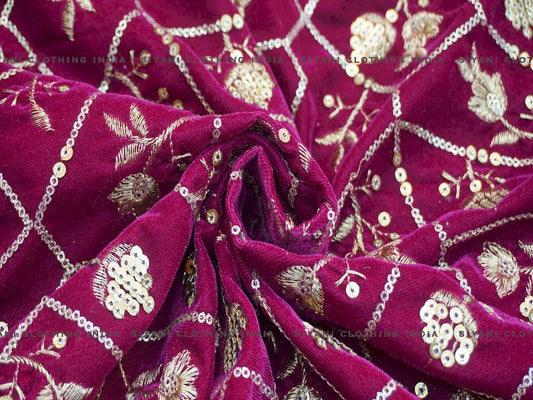 Siyani Magenta Floral Sequins And Zari Embroidered Velvet Fabric