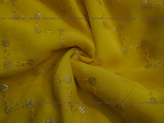 Siyani  Yellow Zigzag Pattern Sequins And Thread Embroidered Georgette Fabric