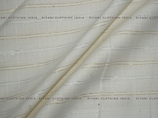 White Cotton Dobby Lurex Stripes Fabric - Siyani Clothing India
