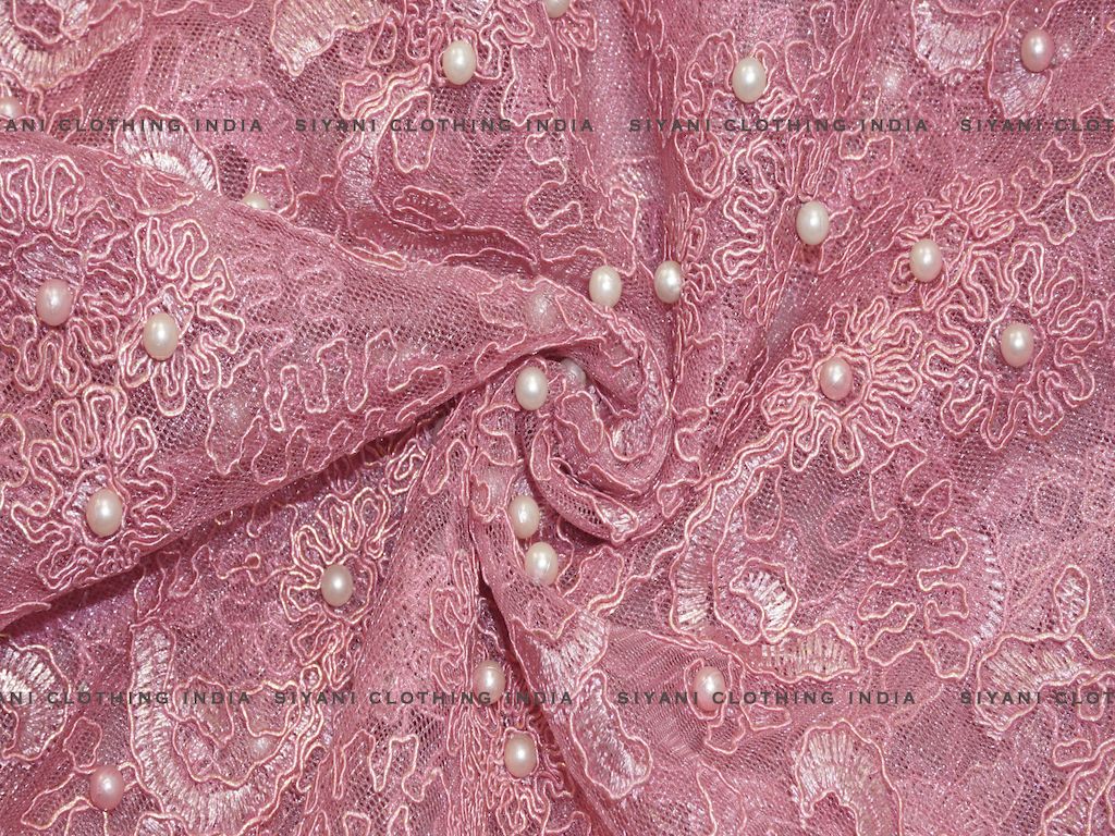 Pink Pearl And Floral Thread Embroidered Net Fabric