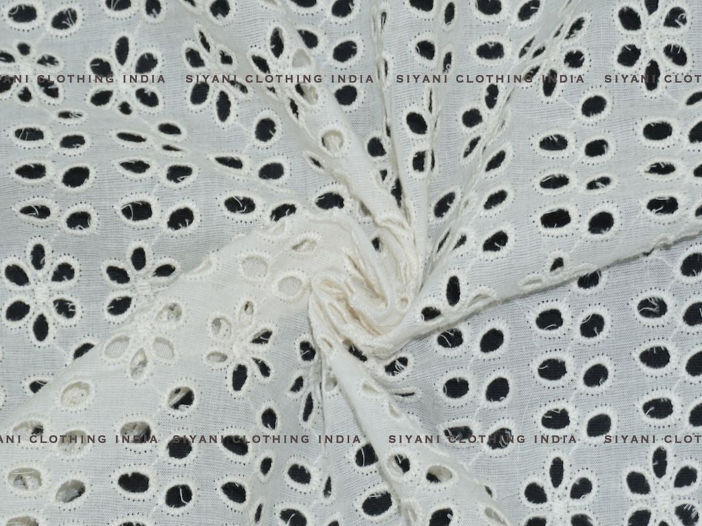 Siyani Kora Cotton Dyeable Cutwork Floral And Leaf Chikankari Embroidered Fabric