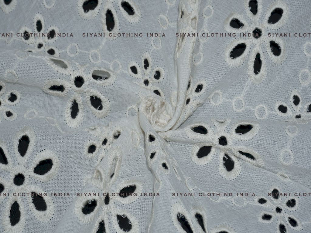 Siyani Kora Cotton Dyeable Cutwork Floral Abstract Pattern Chikankari Embroidered Fabric