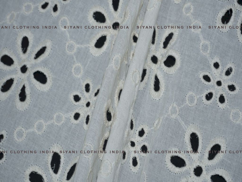 Kora Cotton Dyeable Cutwork Floral Abstract Pattern Chikankari Embroidered Fabric - Siyani Clothing India