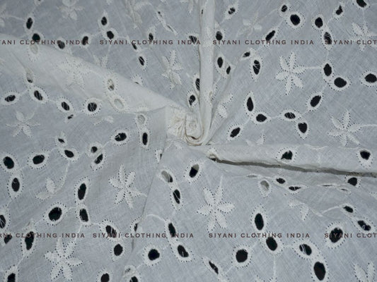 Kora Cotton Dyeable Cutwork Flower Bail Pattern Chikankari Embroidered Fabric - Siyani Clothing India