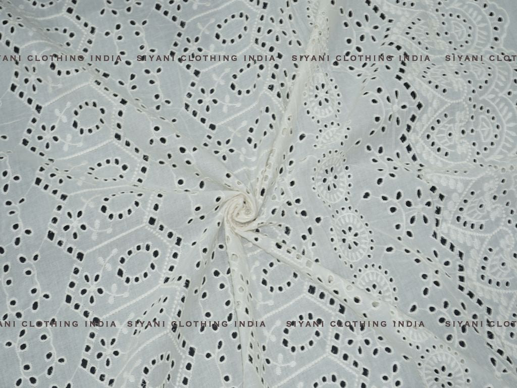 Siyani Kora Cotton Dyeable Chakra And Kalash Pattern Chikankari Embroidered Fabric