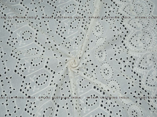 Siyani Kora Cotton Dyeable Chakra And Kalash Pattern Chikankari Embroidered Fabric