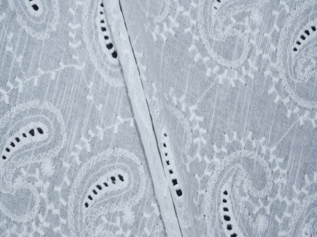 White Cotton Dyeable Cutwork Kalash Pattern Chikankari Schiffli Embroidered Fabric - Siyani Clothing India