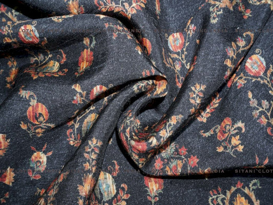 Siyani Black Floral Printed Raw Silk Fabric