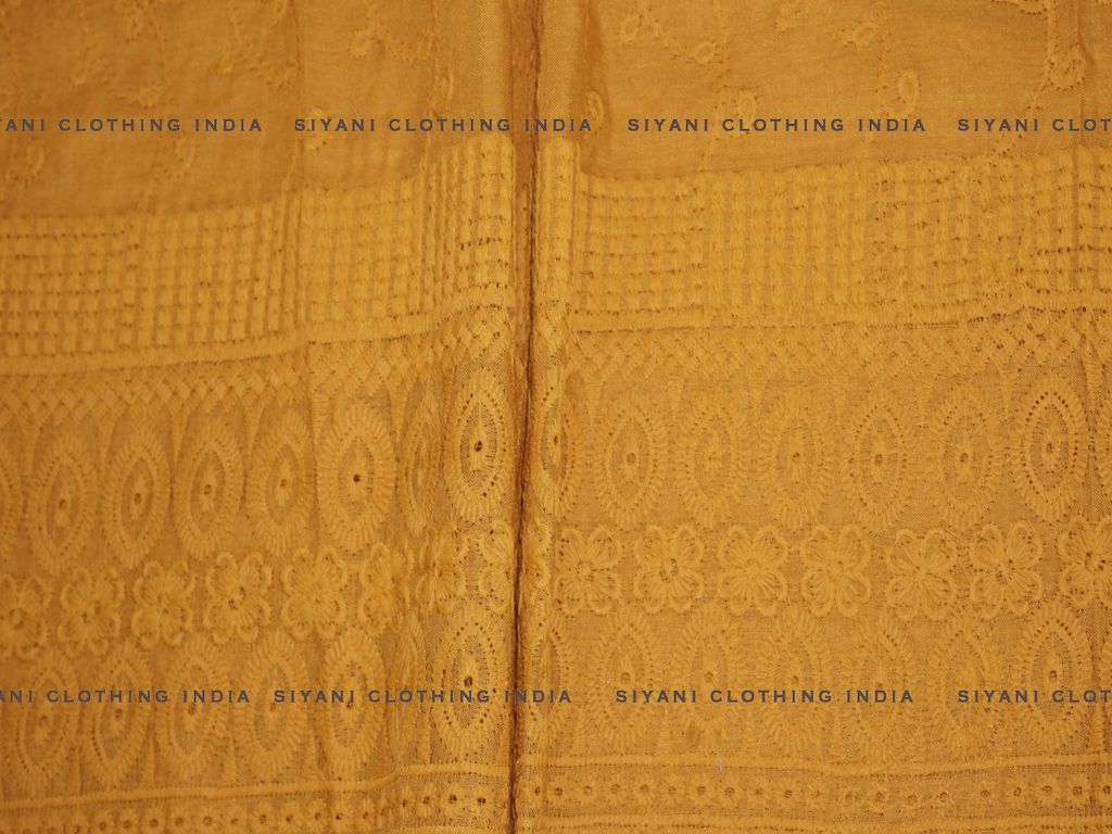 Mustard Poly Cotton Floral And Border Design Chikankari Embroidered Fabric - Siyani Clothing India