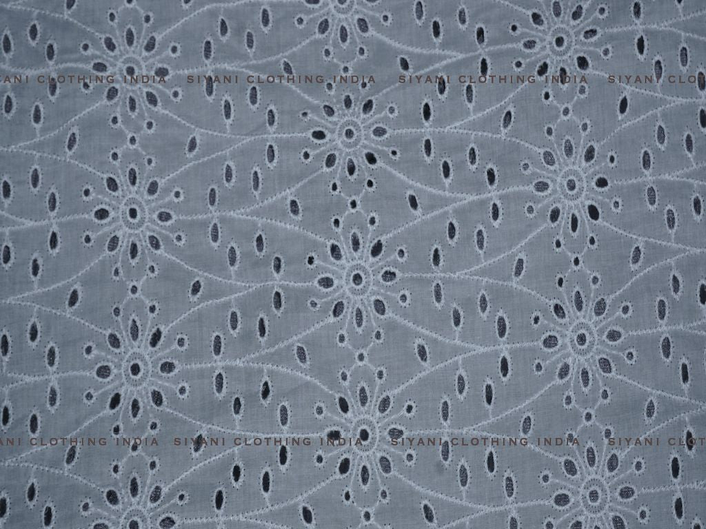 White Dyeable Floral Abstract Cotton Schiffli Embroidered Fabric - Siyani Clothing India