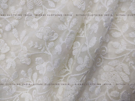 White Chikankari Embroidered Georgette Fabric - Siyani Clothing India