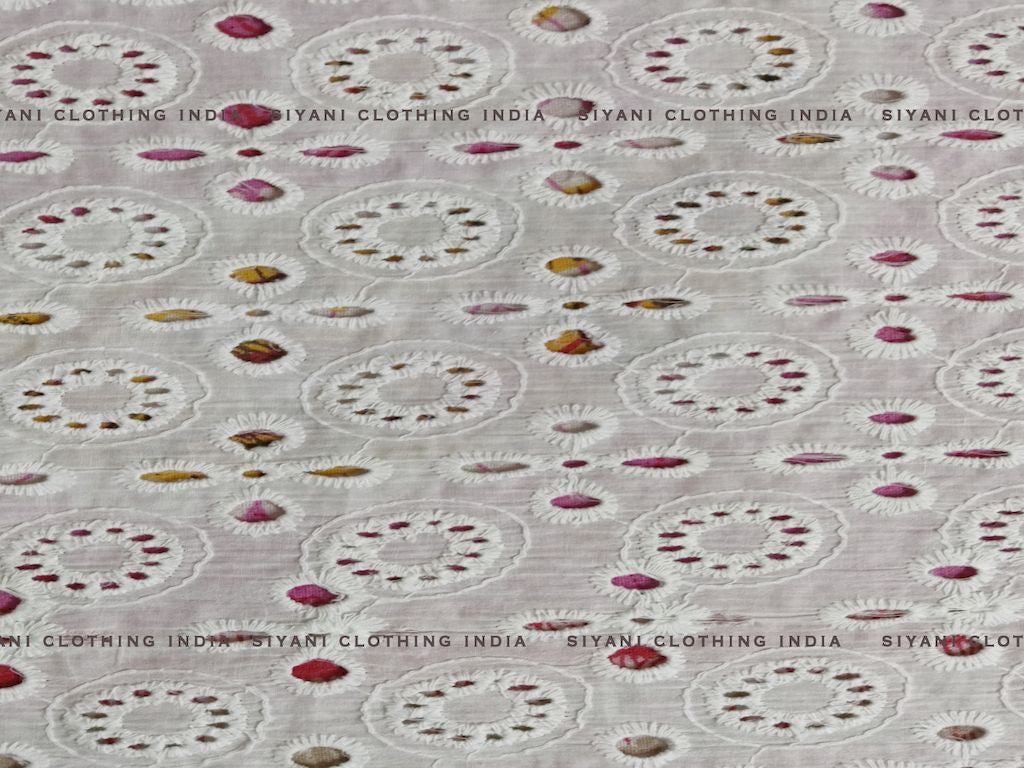 White Dyeable Circular And Floral Pattern Cotton Chikankari Embroidered Fabric - Siyani Clothing India