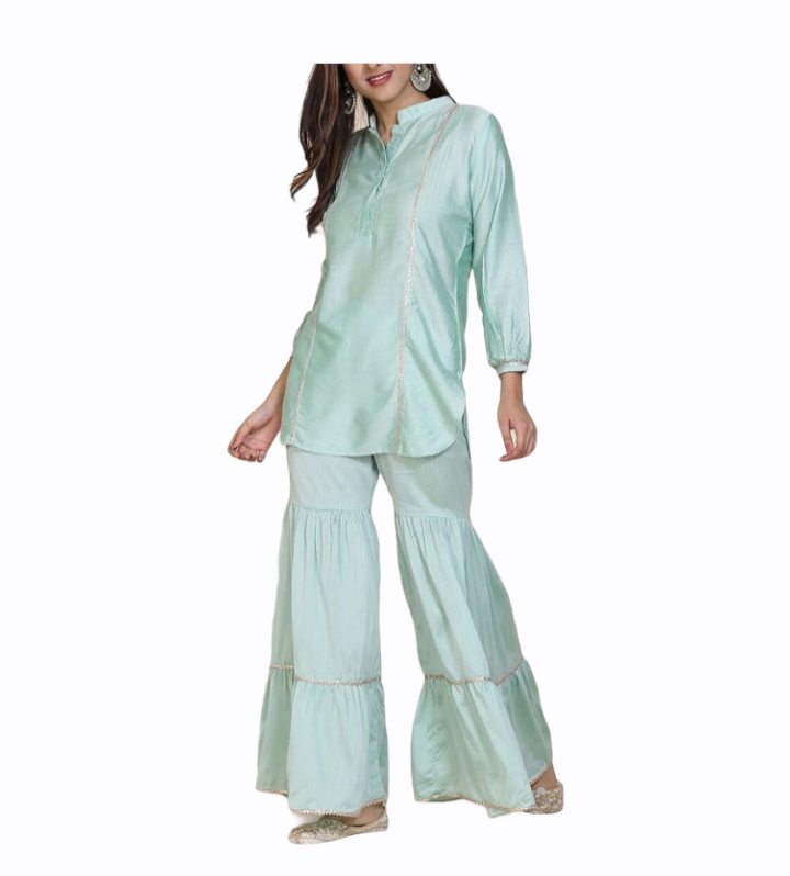 Sky Blue Silk Kurta With Sharara Siyani Clothing India