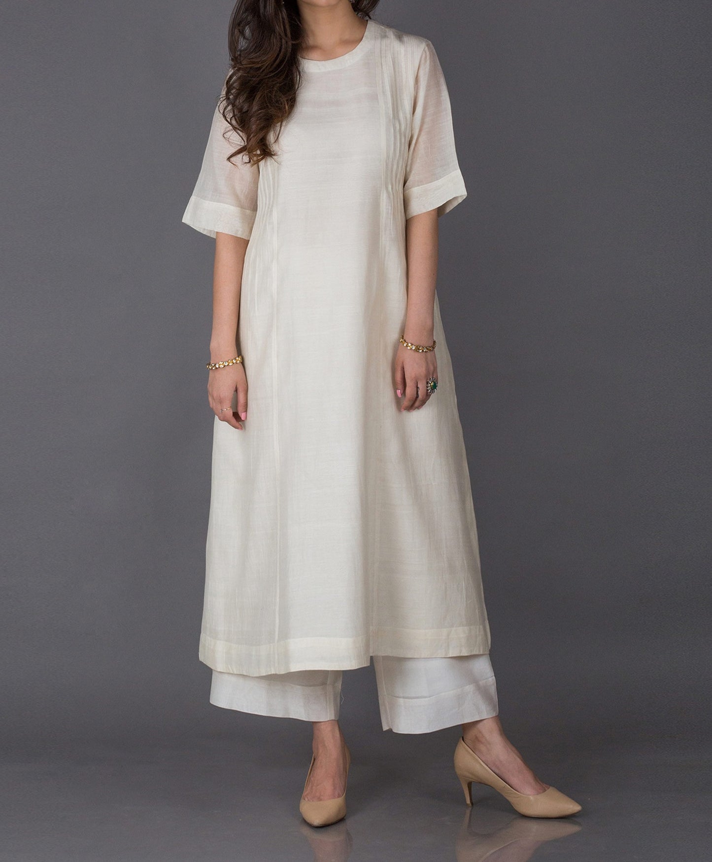 White Chanderi Kurta With Palazzo - Siyani Clothing India