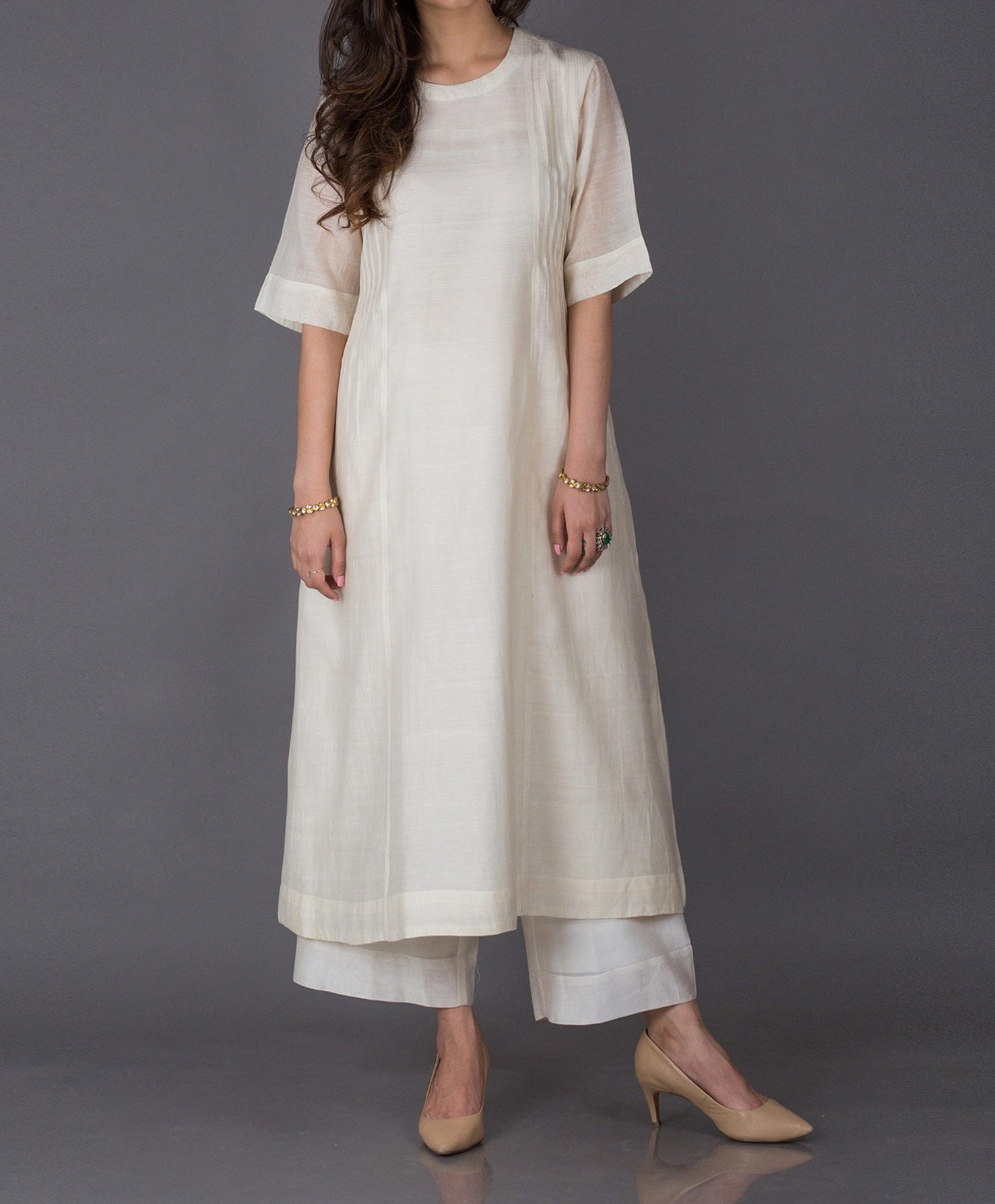 White Chanderi Kurta With Palazzo - Siyani Clothing India